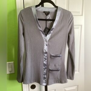 Gray Ribbed Cardigan with Satin Trim, size Medium, NWT